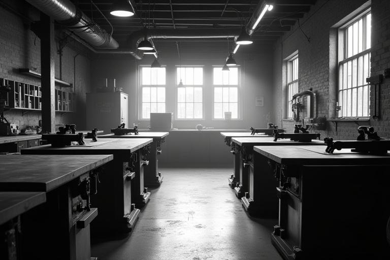 Interior view of the Queens woodworking shop with industrial machines and workbenches