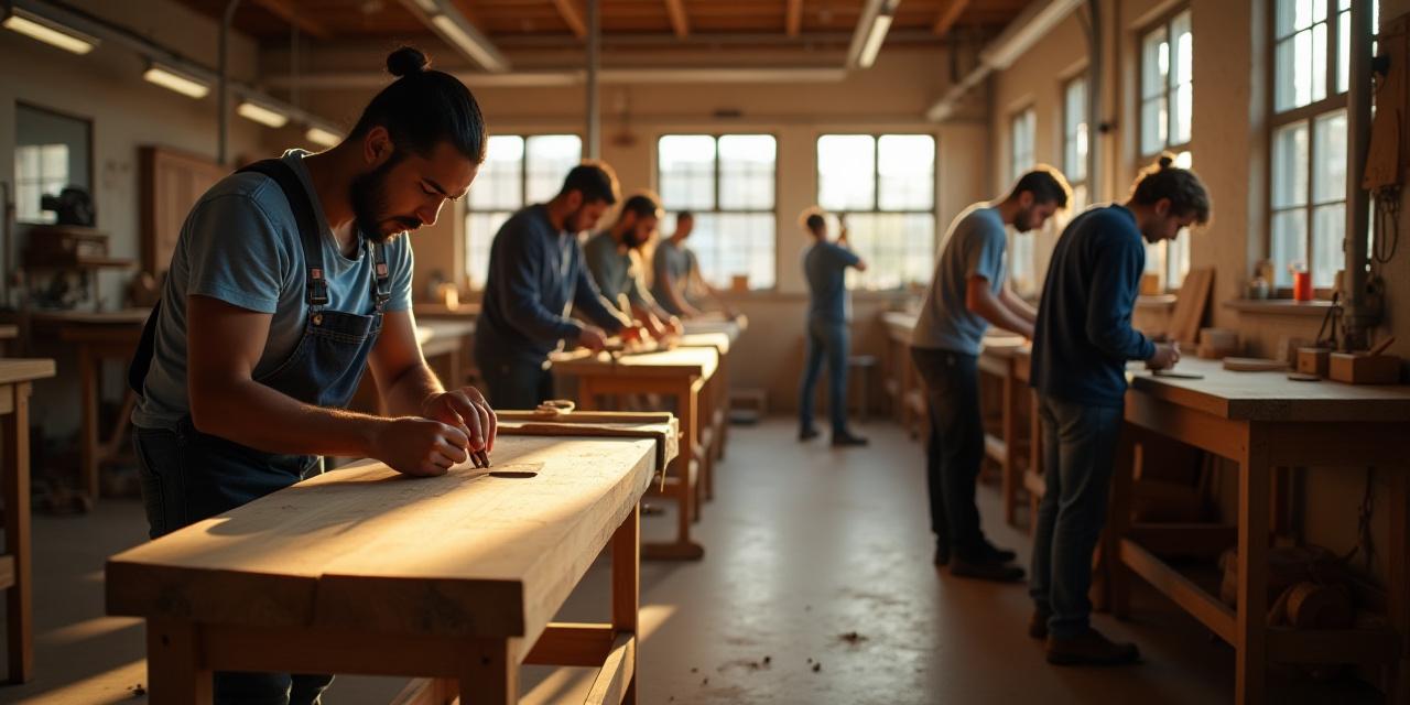Students working at a woodworking bench