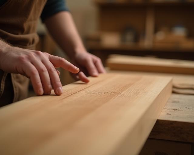 Woodworker checking the grain of a hardwood board in a workshop