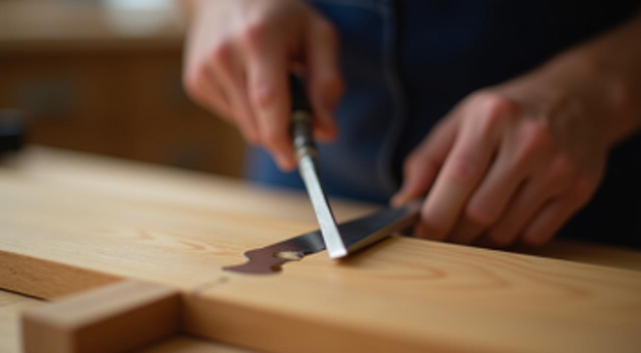 Student carefully finishing a classic dovetail joint at a workbench