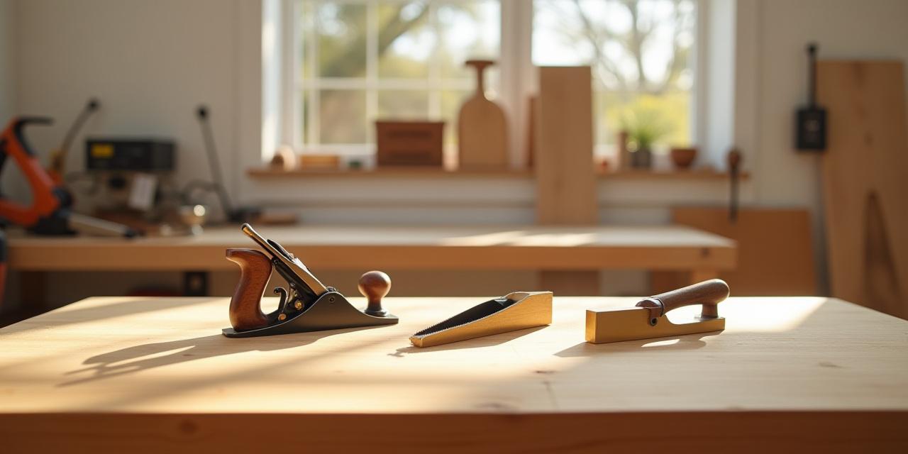 A clean, professional woodworking workbench with essential hand tools