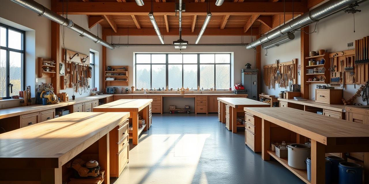 A wide view of the modern woodworking workshop at Guild Woodcrafts with natural lighting