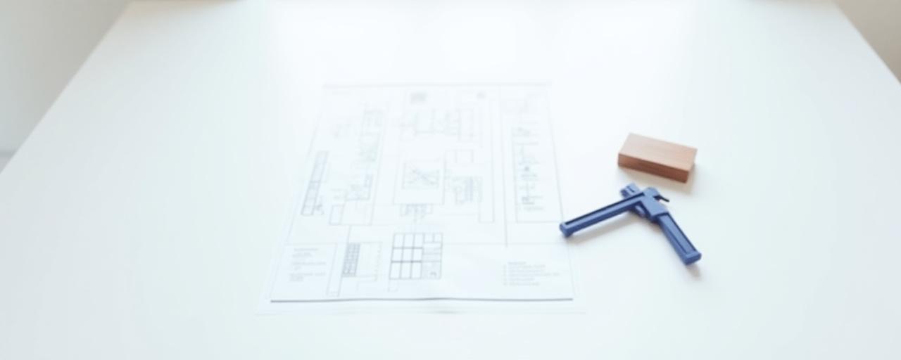 Close up of architectural blueprints and woodworking tools on a clean white table