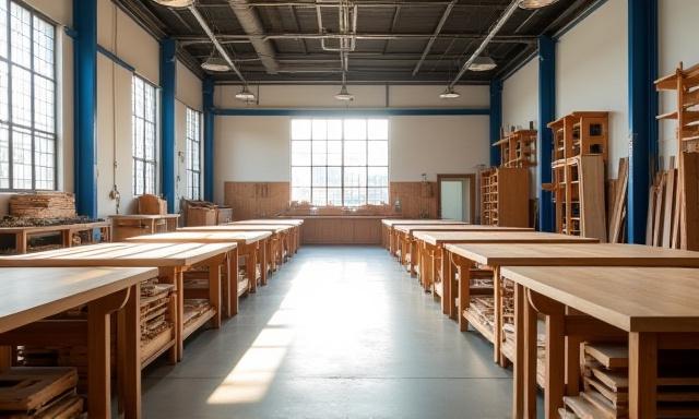 Aerial view of a organized lumber rack and community workbenches